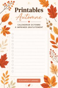 Calendrier d'octobre coloré à imprimer pour l'automne.