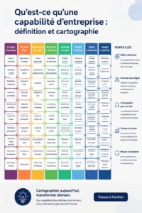 Illustration d'une cartographie des capacités d'entreprise présentant des relations entre différentes fonctions.