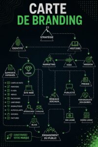 Illustration d'une carte de branding avec des éléments essentiels comme mission et valeurs.