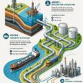 Illustration de la chaîne de valeur pétrolière, représentant les étapes de production et de distribution.
