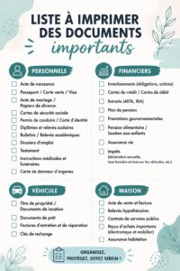 Checklist de documents importants sur un bureau, avec des papiers et stylos