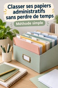 Rangements pratiques pour documents administratifs avec des classeurs et des pochettes colorées.