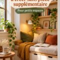 Un coin lecture cosy dans un petit espace, avec des étagères et un fauteuil confortable.