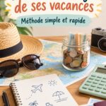 Femme souriante calculant son budget pour un voyage sur un carnet.