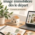 Une femme souriante créant une marque immobilière avec un ordinateur portable.