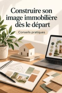 Une femme souriante créant une marque immobilière avec un ordinateur portable.