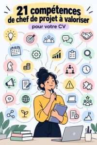Femme professionnelle travaillant sur un projet, avec des notes et un ordinateur, illustrant les compétences en gestion de projet.