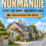 Une voiture sur une route pittoresque en Normandie avec un paysage verdoyant en arrière-plan, idéal pour les chauffeurs professionnels.