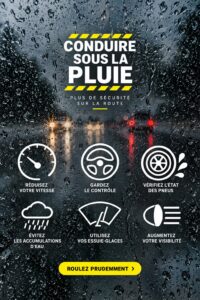 Un véhicule roulant sous la pluie, avec des essuie-glaces en action et des flaques d'eau sur la route.