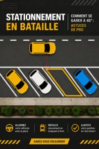 Femme souriante en train de se garer à 45 degrés dans un parking