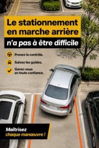 Femme conduisant une voiture et préparant un stationnement en marche arrière.