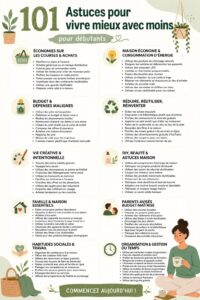 Femme souriante montrant des astuces d'économie au quotidien avec un carnet