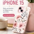 Collection de coques colorées pour iPhone 15 sur un fond neutre.