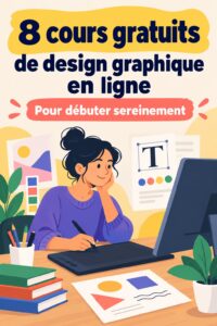 Une femme souriante devant son ordinateur, apprenant le design graphique en ligne.