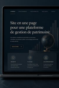 Illustration d'un site web pro sur la gestion de patrimoine avec des graphiques et des informations.