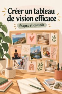 Un tableau de vision coloré avec des images inspirantes et des mots motivants.