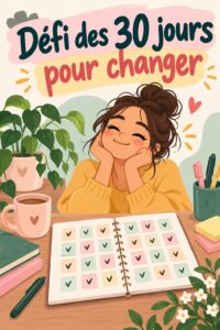 Image d'une femme en train de planifier son défi de 30 jours, entourée de fournitures de bureau.