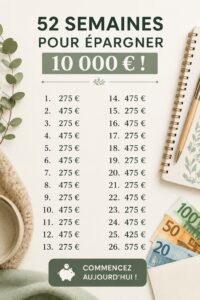 Femme souriante tenant un carnet d'épargne, entourée de billets et de pièces de monnaie.