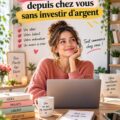 Femme entrepreneuse souriante travaillant sur son ordinateur à domicile, symbolisant le démarrage d'une entreprise sans investissement.