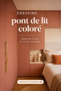 Dressing coloré et stylé dans une chambre moderne avec des étagères et des tiroirs