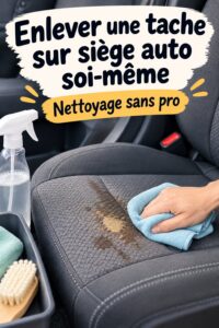 Femme nettoyant un siège auto en tissu avec un produit naturel