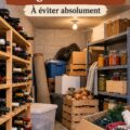 Cave bien organisée avec étagères et bacs de rangement