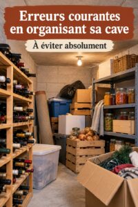 Cave bien organisée avec étagères et bacs de rangement