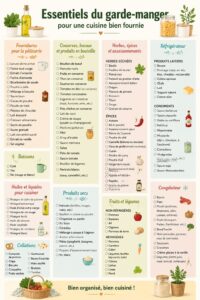 Un garde-manger bien approvisionné avec des produits variés pour la cuisine.