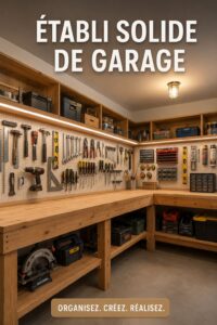 Un établi robuste en bois dans un garage bien organisé.