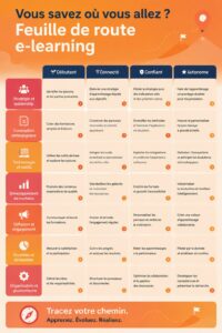 Femme consultant des ressources en ligne pour créer sa feuille de route d'apprentissage eLearning.
