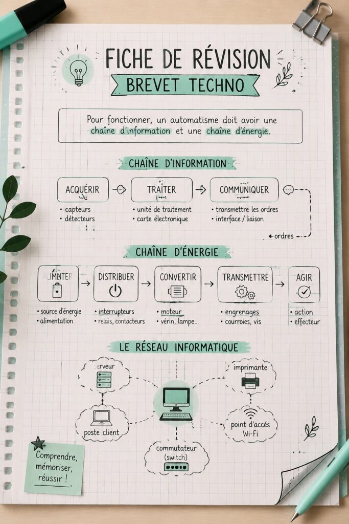 Fiche de révision bien organisée pour le brevet technologique sur une table d'étude