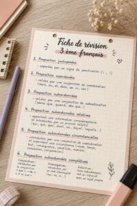 Fiche de révision sur le français pour la classe de 3ème, présentant des conseils pratiques et des astuces.