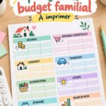Modèle de budget familial imprimable sur un bureau avec des crayons