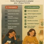 Femme souriante examinant ses finances devant un ordinateur, prenant des notes.