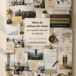 Un vision board coloré avec des images inspirantes de voyage, carrière et bien-être.