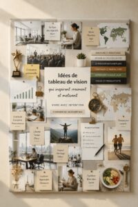 Un vision board coloré avec des images inspirantes de voyage, carrière et bien-être.