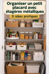 Petit garde-manger organisé avec des étagères en fil, mettant en valeur des bocaux et des produits alimentaires.