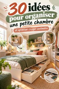 Une petite chambre bien organisée avec des rangements pratiques et décoratifs.