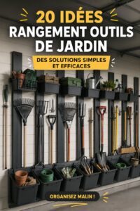 Outils de jardinage bien rangés dans un espace organisé.