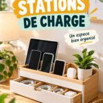 Station de chargement organisée avec plusieurs appareils connectés et câbles bien rangés