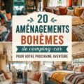 Intérieur d'un van décoré dans un style boho avec des coussins colorés et des plantes.