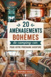 Intérieur d'un van décoré dans un style boho avec des coussins colorés et des plantes.