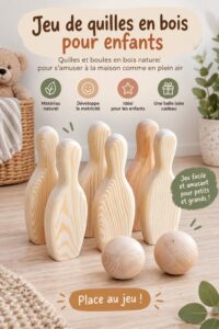 Jeu de bowling en bois pour enfants, parfait pour les activités extérieures.