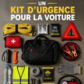 Un kit d'urgence automobile bien équipé sur un fond de voiture.