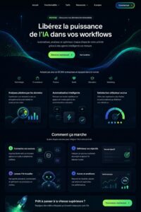 Une professionnelle souriante montrant une page web d'atterrissage AI sur son portable.