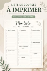 Illustration d'une liste de courses imprimable sur une table en bois.
