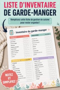 Liste d'inventaire de cuisine imprimable sur un plan de travail lumineux