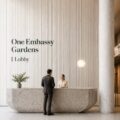 Vue du lobby d'One Embassy Gardens, un espace moderne et accueillant.