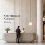 Vue du lobby d'One Embassy Gardens, un espace moderne et accueillant.