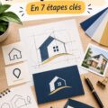 Logos et éléments visuels d'une marque immobilière avec une ambiance chaleureuse.